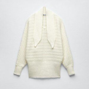 NEW Zara BLOGGER Favorite Bow Collar Knit Sweater ECRU - Size S